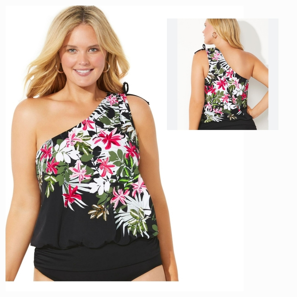 Swimsuits for All Women's Plus Size One Shoulder Blouson Tankini Top